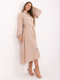 Elegant Beige Midi Dress with Long Sleeves