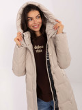 Beige long quilted coat with hood