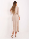 Beige midi pencil dress with long sleeves and V-neckline