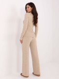 Beige wide ribbed knit trousers with high waist