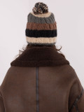 Beige Striped Beanie with Pom Pom