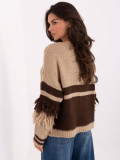 Beige striped sweater with V-neck and fringes