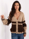 Beige striped sweater with V-neck and fringes