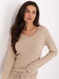 Beige Ribbed V-Neck Sweater