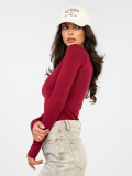 Burgundy cotton blouse with long sleeves and square neckline