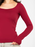 Burgundy cotton blouse with long sleeves and square neckline