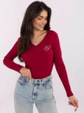 Burgundy blouse with embroidery and V-neck