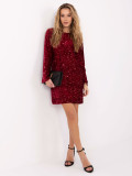 Burgundy mini cocktail dress with sequins and bow