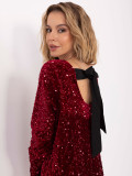 Burgundy mini cocktail dress with sequins and bow