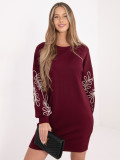Burgundy short dress with embroidery and puff sleeves