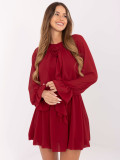 Burgundy flared mini dress with ruffle and jabot