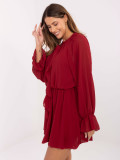 Burgundy flared mini dress with ruffle and jabot