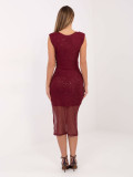 Burgundy midi cocktail dress with applique and brooch