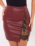 Burgundy faux leather mini skirt with lace