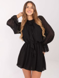 Black flared mini dress with ruffle and jabot
