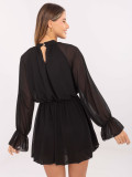 Black flared mini dress with ruffle and jabot