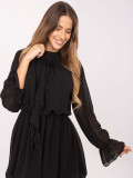 Black flared mini dress with ruffle and jabot