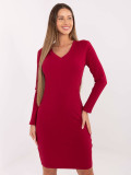 Burgundy ribbed pencil dress with long sleeves and V-neck