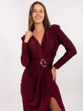 Burgundy midi pencil dress with wrap neckline and long sleeves