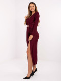 Burgundy midi pencil dress with wrap neckline and long sleeves