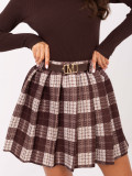 Brown plaid mini skirt with belt