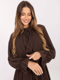 Brown flared mini dress with ruffle and jabot