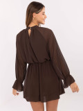 Brown flared mini dress with ruffle and jabot