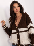 Brown striped cardigan with V-neck and fringes