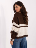 Brown striped cardigan with V-neck and fringes