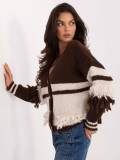Brown striped cardigan with V-neck and fringes