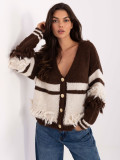 Brown striped cardigan with V-neck and fringes