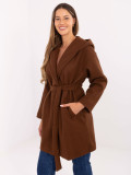 Brown transitional coat with hood and belt