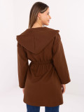 Brown transitional coat with hood and belt
