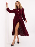 Burgundy flared midi dress with belt and brooch