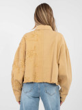 Short brown denim jacket with floral appliqué