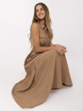 Maxi Dress with Ruffles and Belt in Camel Color