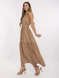 Maxi Dress with Ruffles and Belt in Camel Color