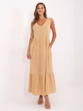 Maxi Dress with V Neckline in Camel Color