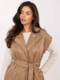 Elegant brown quilted vest with belt and brooch