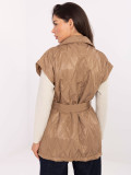 Elegant brown quilted vest with belt and brooch