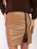 Brown faux leather mini skirt with lace