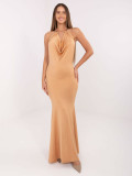 Elegant camel maxi dress with waterfall neckline