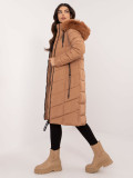 Women's brown quilted winter coat with detachable hood