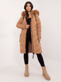 Women's brown quilted winter coat with detachable hood