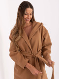 Stylish transitional coat with hood in camel brown