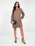 Beige mini dress with embroidery and puff sleeves