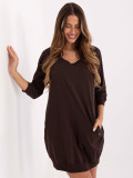 Brown cotton dress with 3/4 sleeves and V-neckline