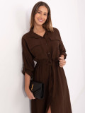 Brown flared midi dress with collar and pockets