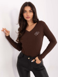 Brown cotton blouse with embroidery and V-neck