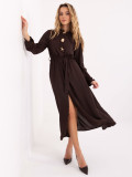 Brown flared midi dress with belt and brooch